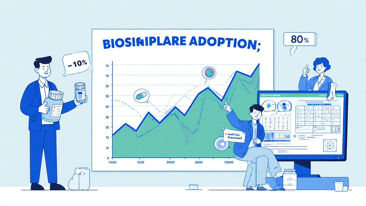 Pharmacist standing beside chart showing biosimilar adoption rising from 10% to 80%