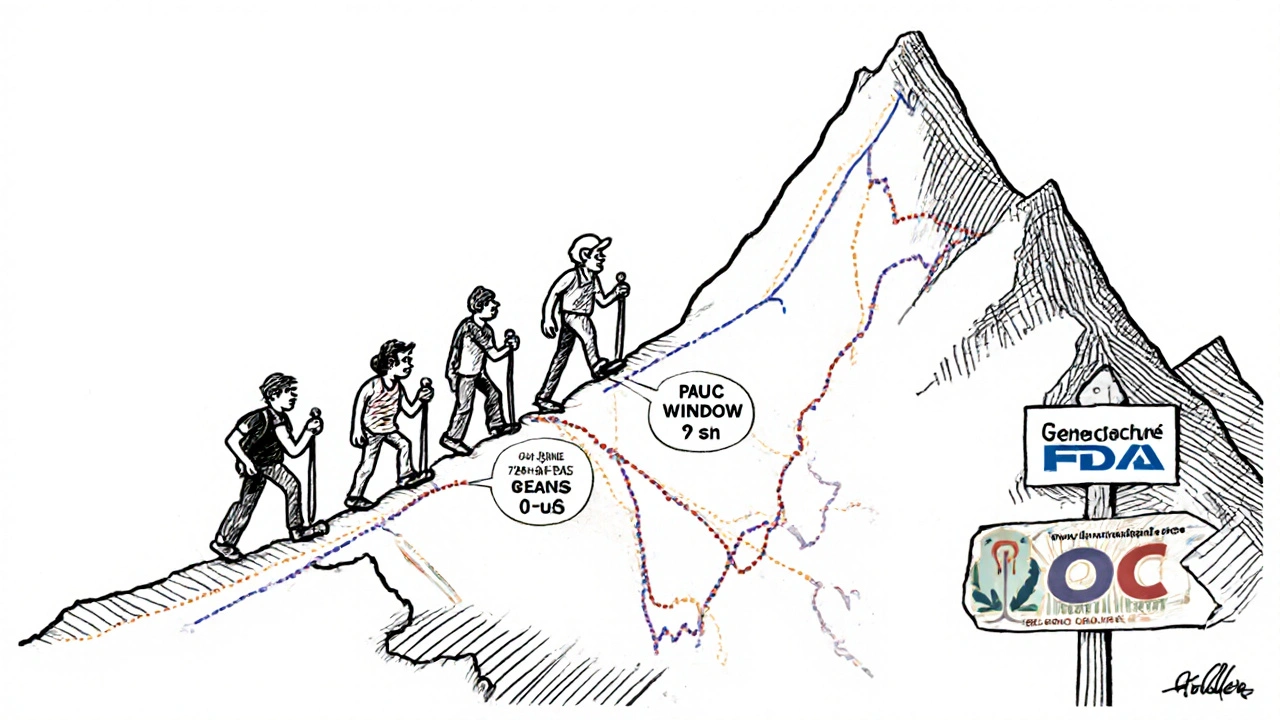Pharmacokinetic curve as a trail with shaded early-time window where a generic drug’s path falls below the reference, labeled pAUC.