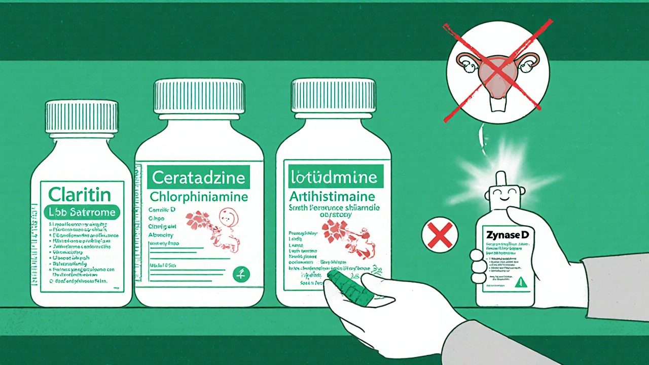 Pharmacy shelf with safe antihistamines glowing green and unsafe combo products marked with red X.
