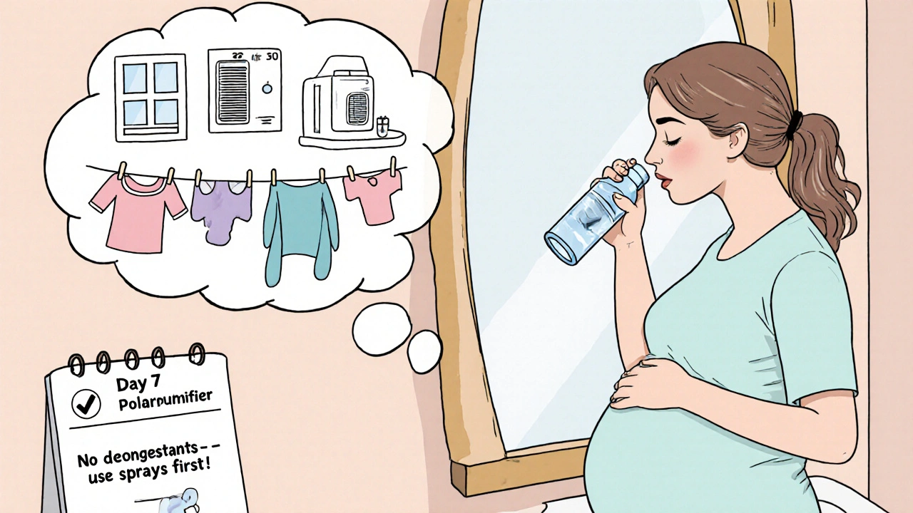 Pregnant woman using saline rinse, with healthy home habits shown in thought bubble.