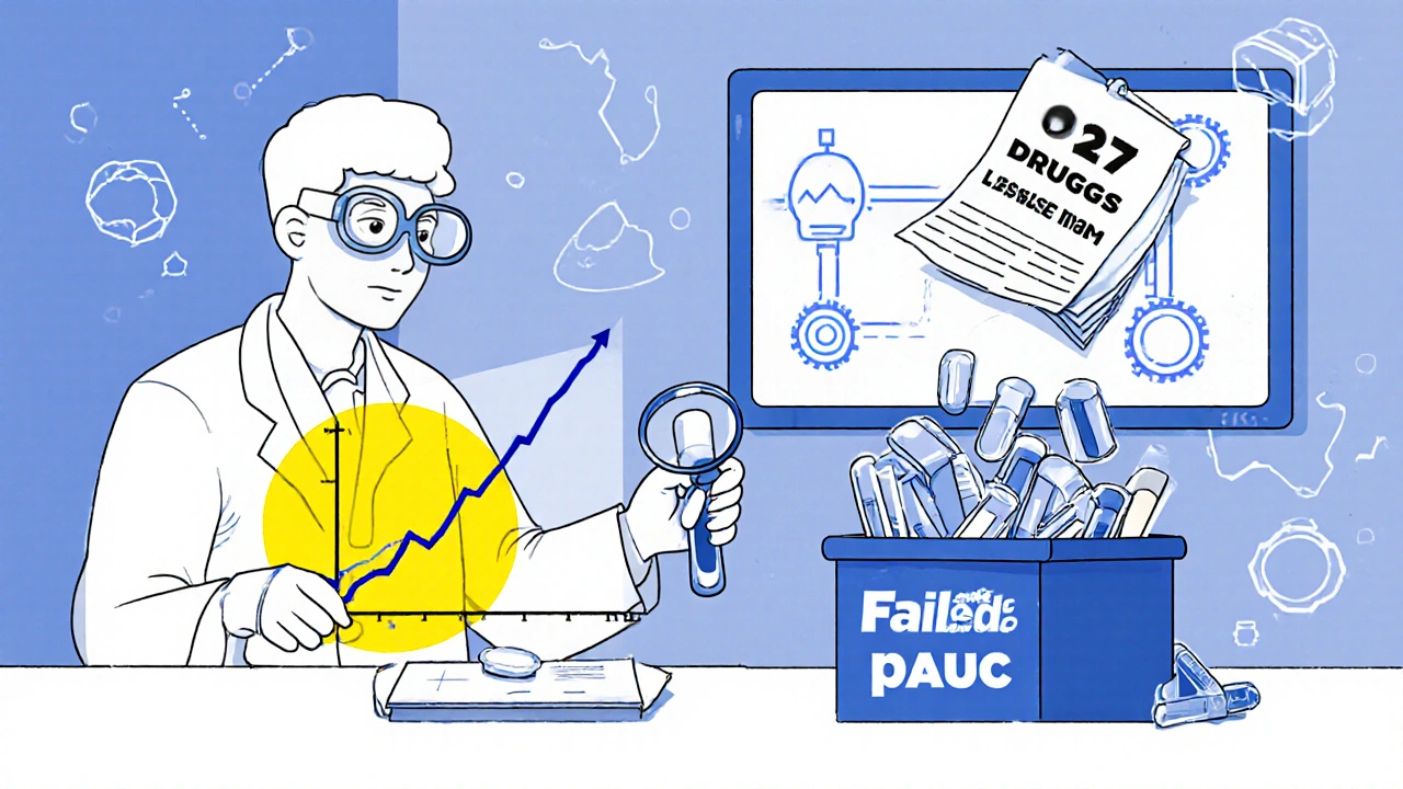 Scientists examining a blood curve with highlighted pAUC window, rejected drug application in trash, and digital counter showing 127 drugs requiring pAUC.