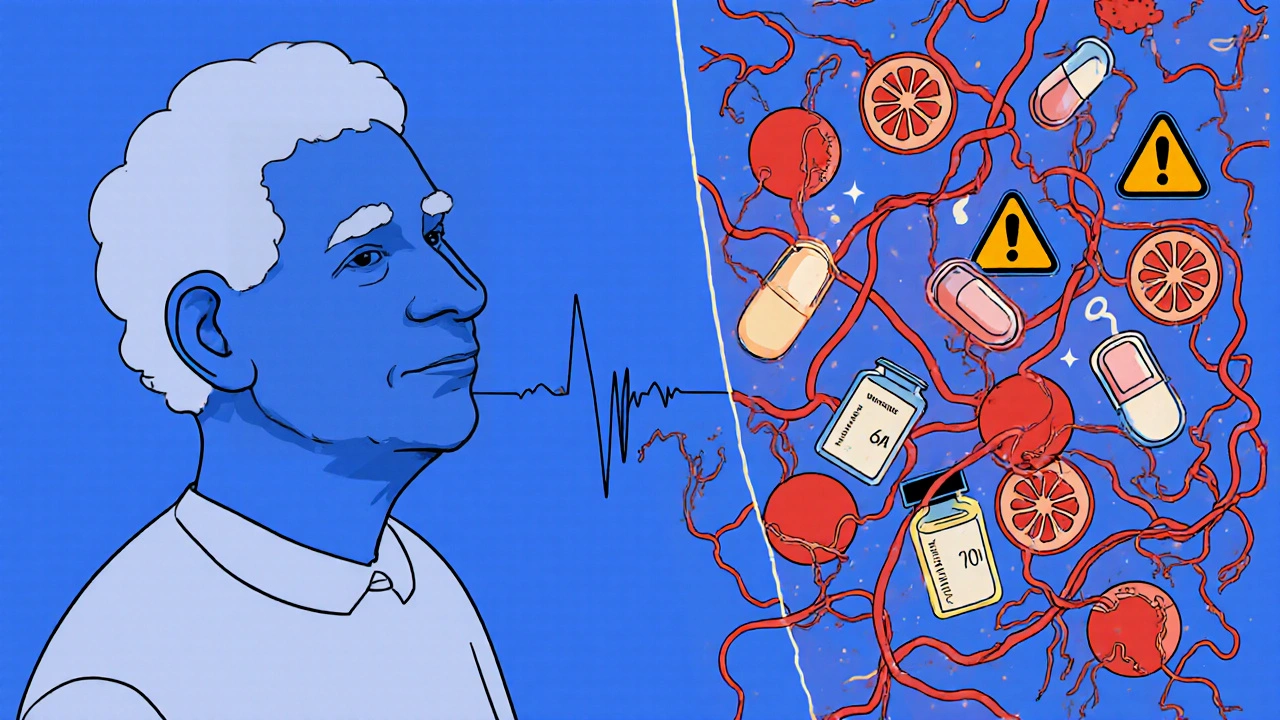 Side-by-side comparison: calm healthy patient on amlodipine vs. chaotic drug interactions leading to dangerous health effects.