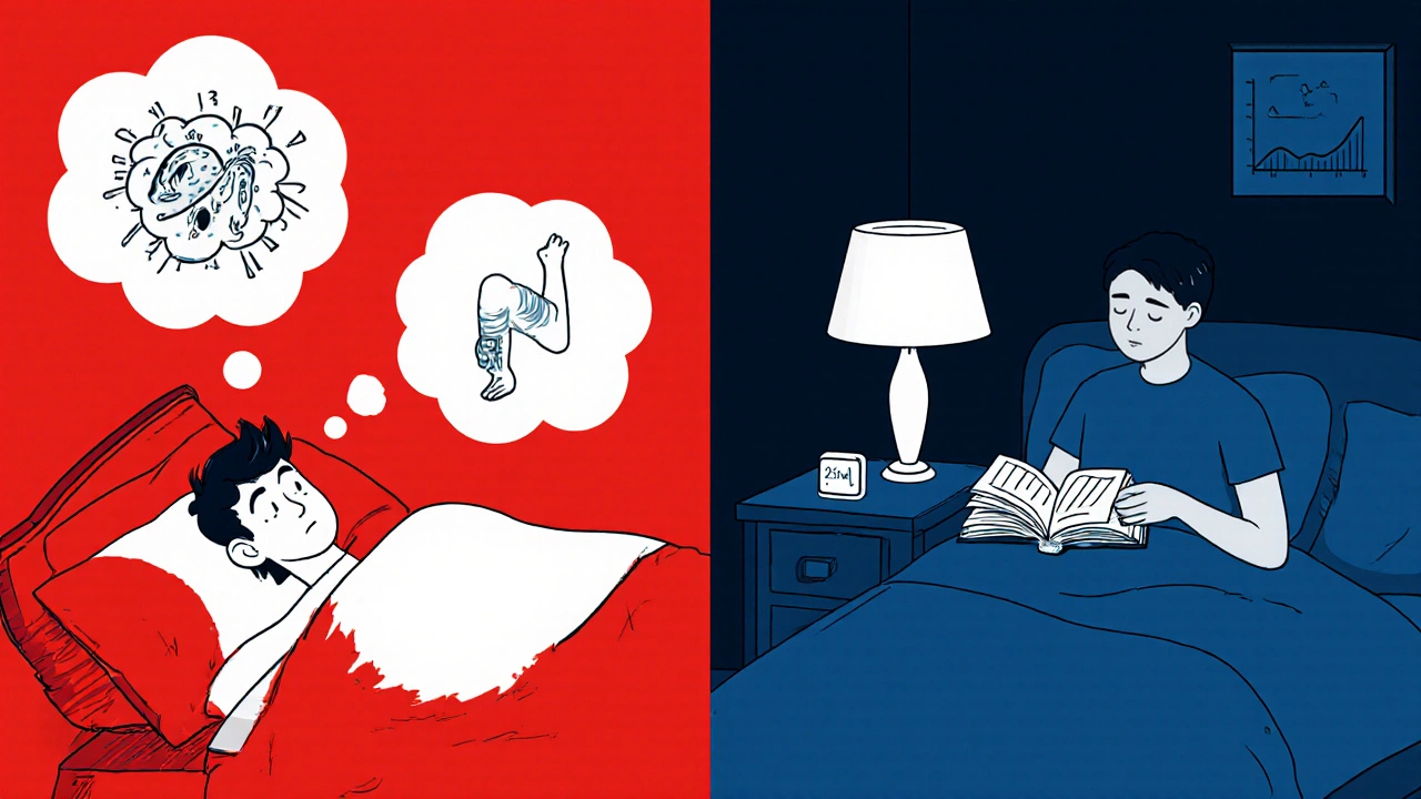 Split image: one side shows nightmare dreams and leg pain, the other shows calm reading in a dark room.