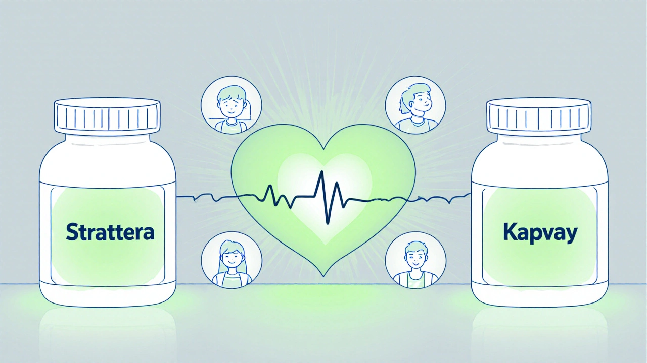 Three non-stimulant ADHD medications glow softly beside a steady, healthy heart icon.