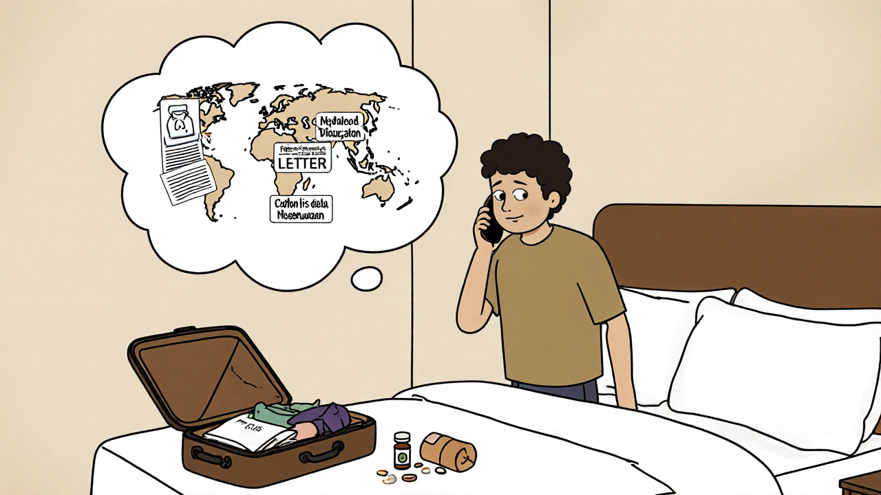 Traveler on phone in hotel room, thought bubble shows medical documents and global map, suitcase open nearby.