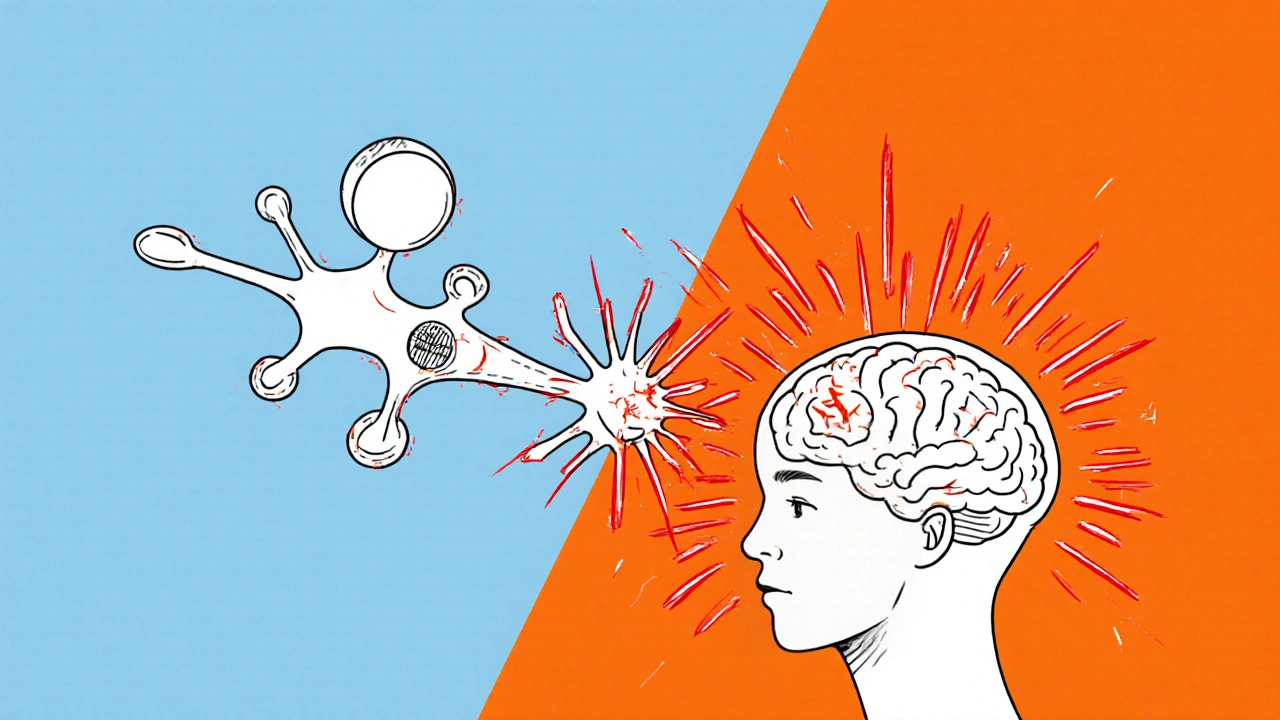 Two drugs interacting at a brain synapse, causing serotonin signals to overload and glow dangerously.