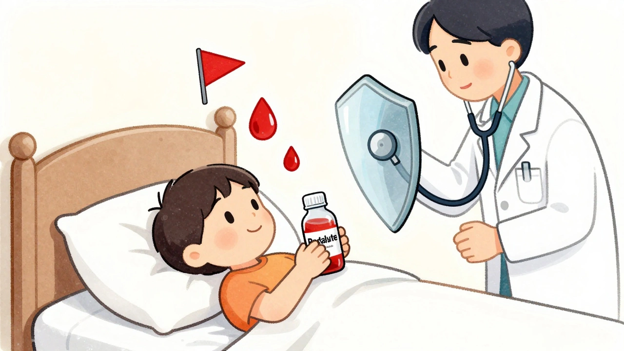 A child resting as a parent offers rehydration solution, with medical warning icons fading away.