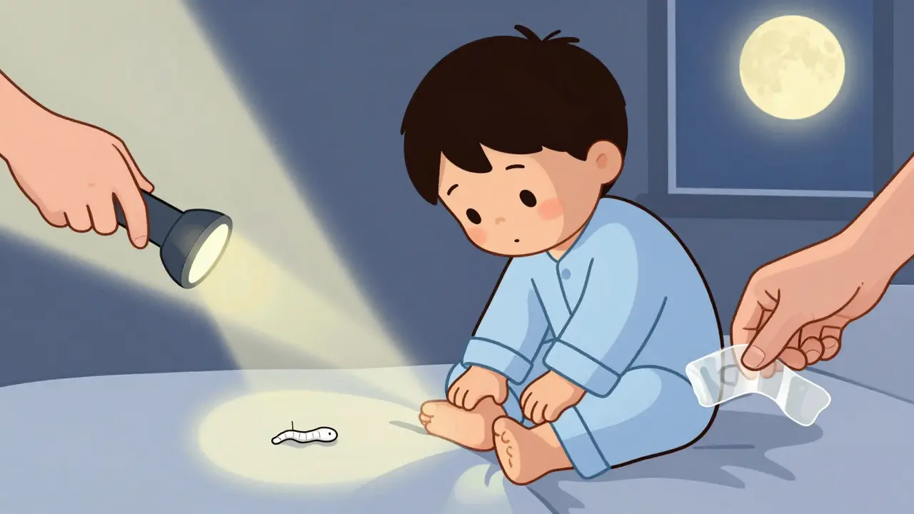 A child scratches at night while a pinworm is visible near the bed, and a parent uses tape to collect eggs.