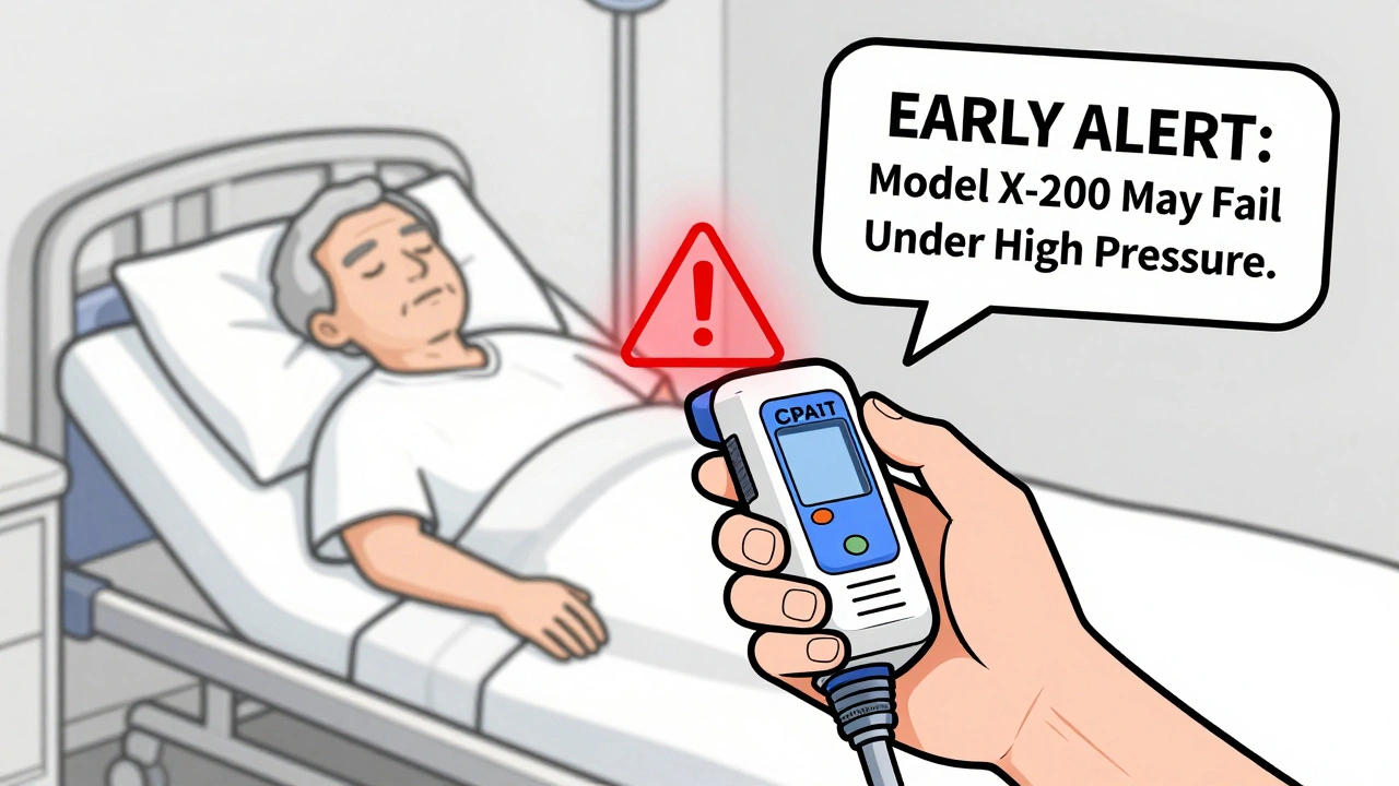 A CPAP machine glows with a red warning symbol above it as a patient sleeps nearby.