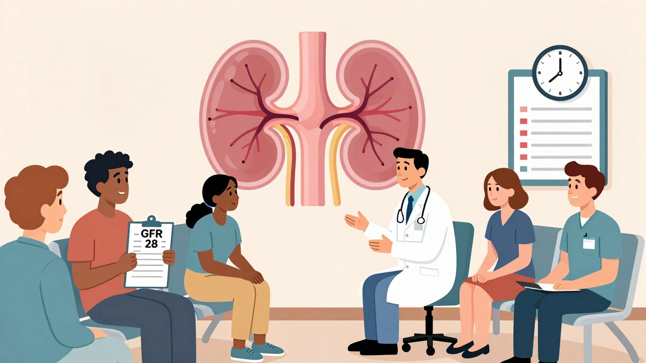 A diverse group in a clinic, one holding a medical chart, another with a donor badge, as a transparent healthy kidney glows behind them.