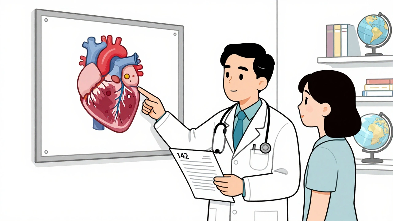 A doctor and patient discussing a coronary calcium score report in a bright clinic setting.