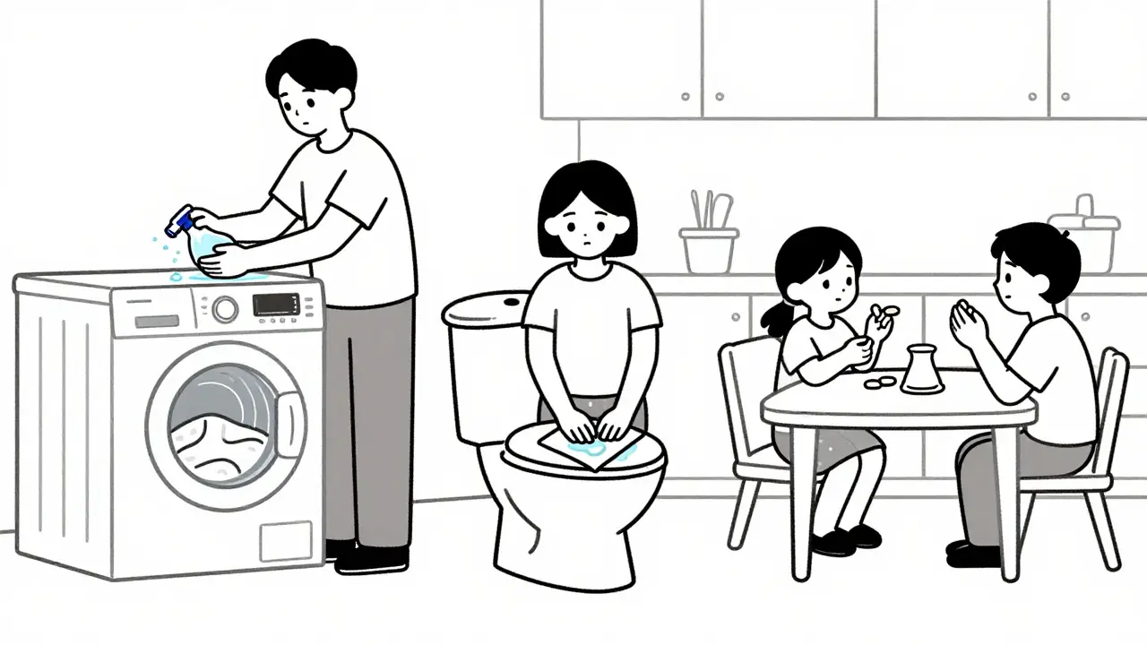 A family cleans their home together—washing clothes, disinfecting surfaces, and taking medication at the table.