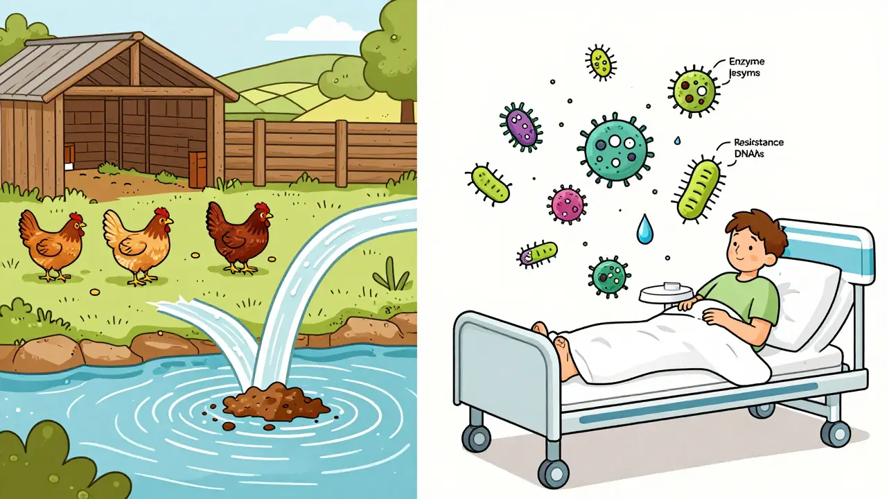 A farm runoff flows into a river, connecting to a hospital ward as resistant bacteria spread through water and air.