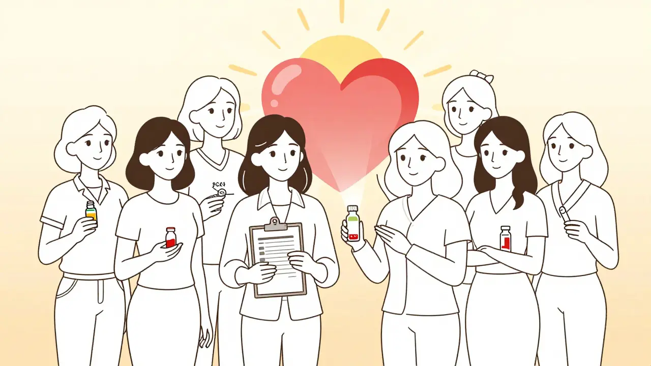 A group of women holding alternative heart medications, symbolizing informed choices and empowerment in managing statin side effects.