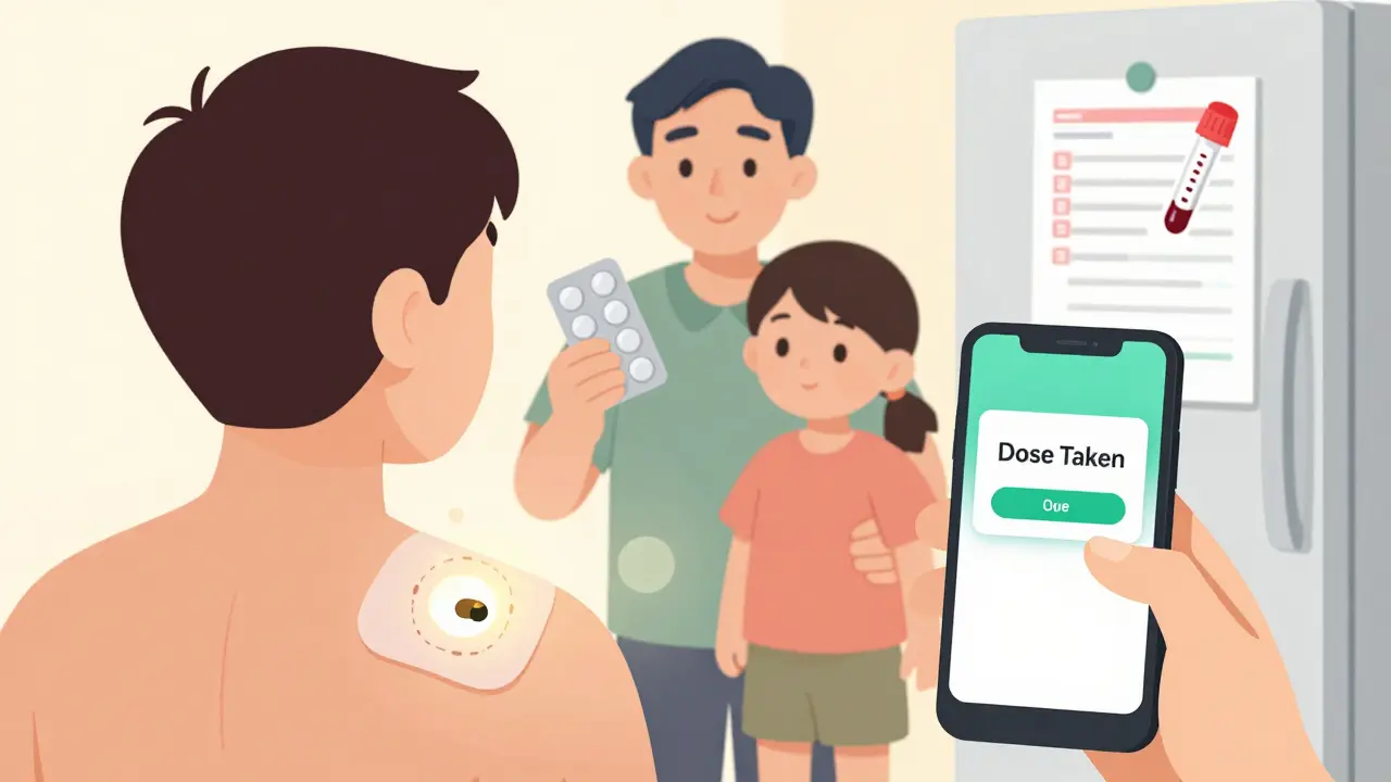 A patient wears a sensor patch that signals a taken dose, with a blister pack and blood test on display.