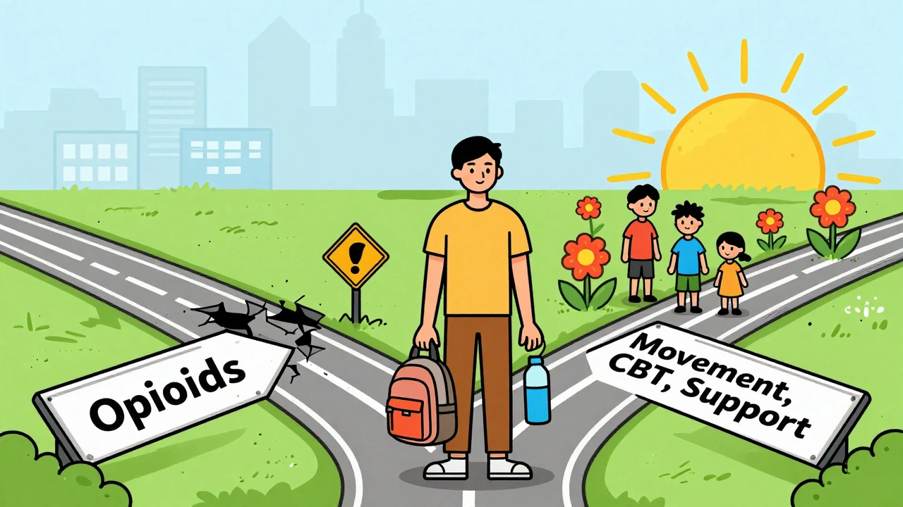 A person choosing a hopeful path toward movement and support instead of opioids, with symbolic scenery.