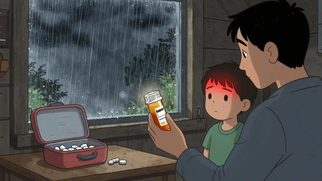 A person holds expired ibuprofen while caring for a feverish child in a stormy cabin, with a fresh emergency kit nearby.