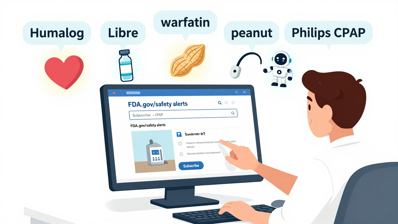 A person subscribes to FDA alerts with five keyword tags floating above their computer screen.