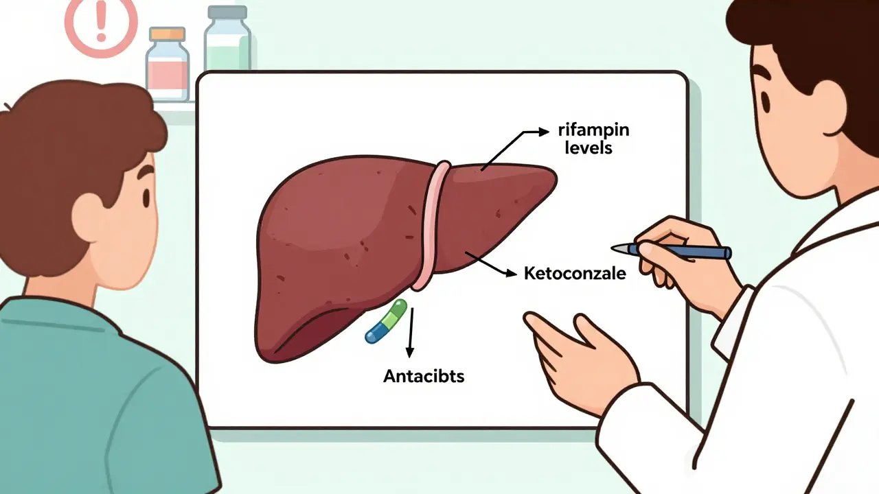 A pharmacist shows a patient a liver diagram illustrating drug interactions with arrows and pill bottles.