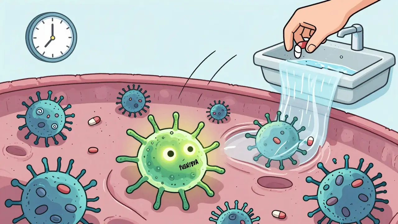 A resistant bacterium divides inside the body while antibiotics dissolve other bacteria, with a pill disappearing down a sink.