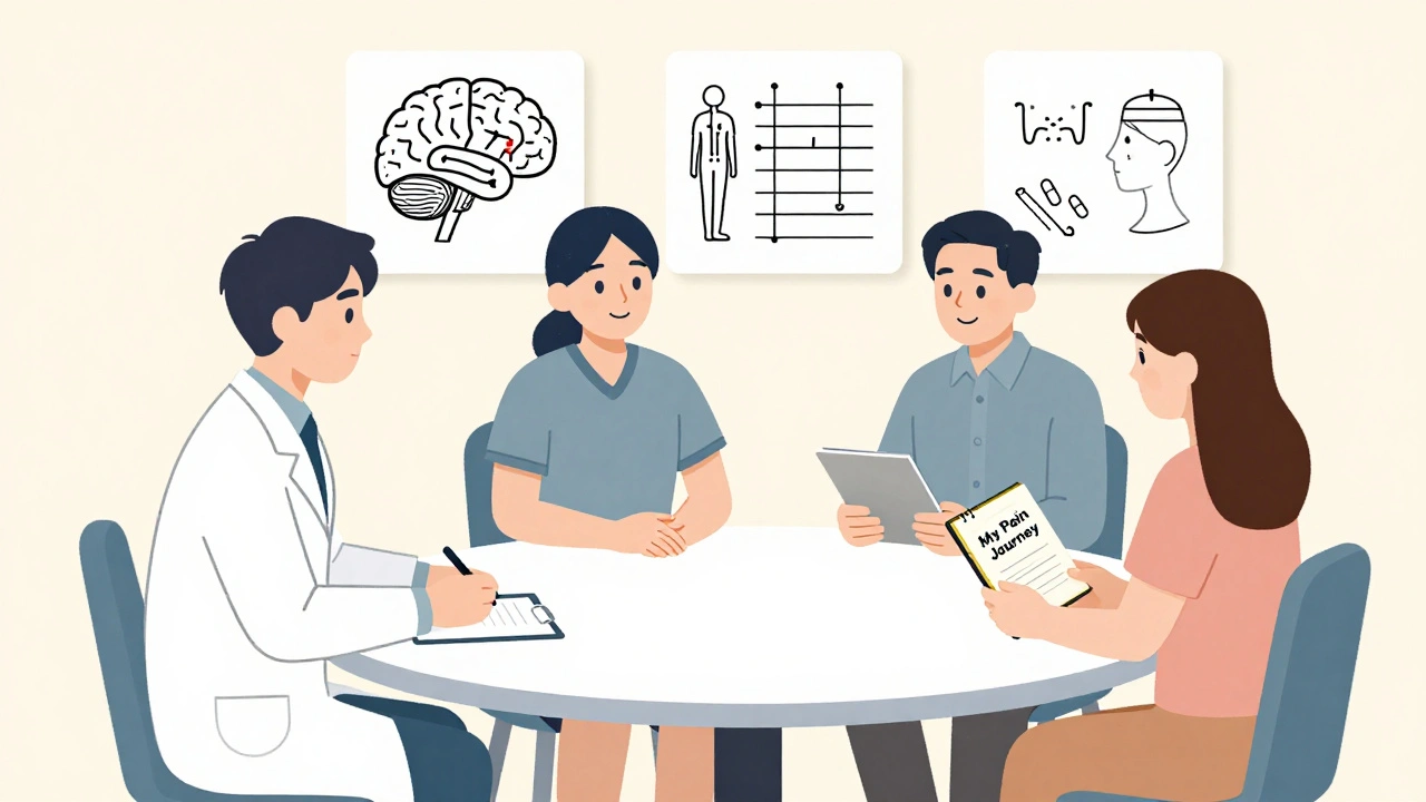 A team of healthcare providers and a patient collaborating at a table with pain management visuals.