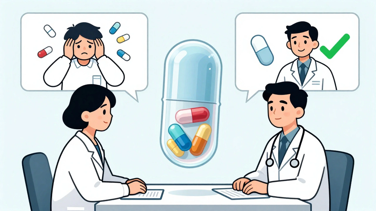 A transparent polypill between doctor and patient, showing inner drug layers, with contrasting scenes of pill burden and simplicity.