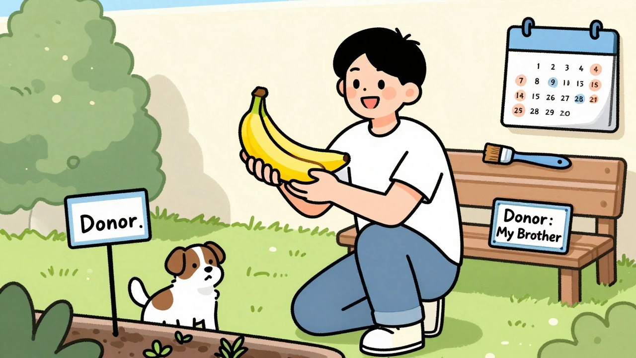 A transplant recipient happily gardens, holding a banana, with their dog nearby and painting supplies on a bench.