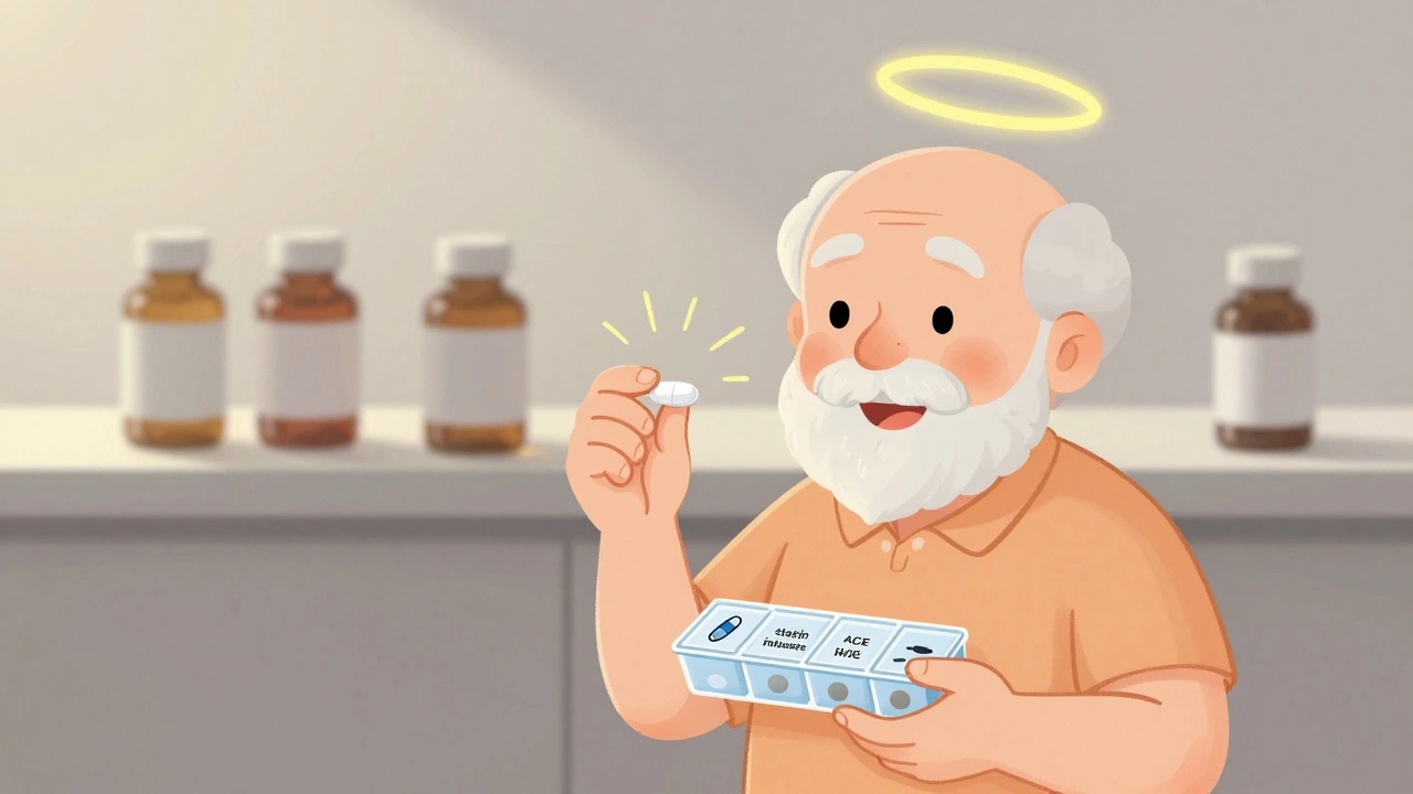 An elderly person smiling while holding one pill, with multiple separate pills fading behind them in soft background.