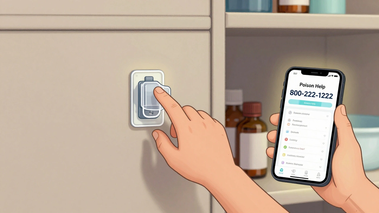 Child’s hand blocked by a transparent latch on a locked cabinet, smartphone showing Poison Help number glowing beside it.