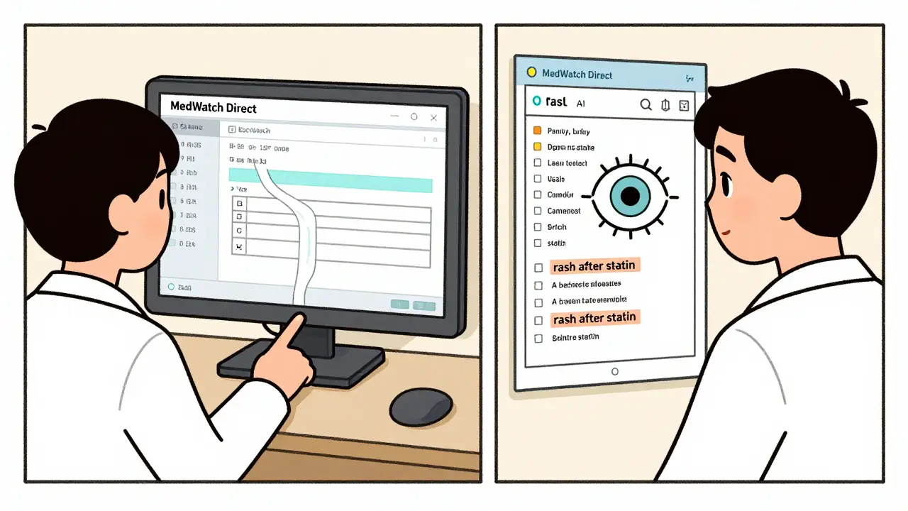 Doctor clicking MedWatch Direct in an EHR system, with AI scanning clinical notes and data streams flowing to a central database.