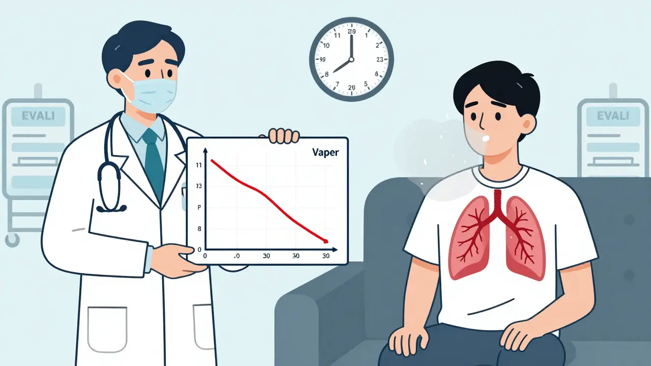 Doctor showing lung test results while a vaper struggles to breathe, EVALI history in background.