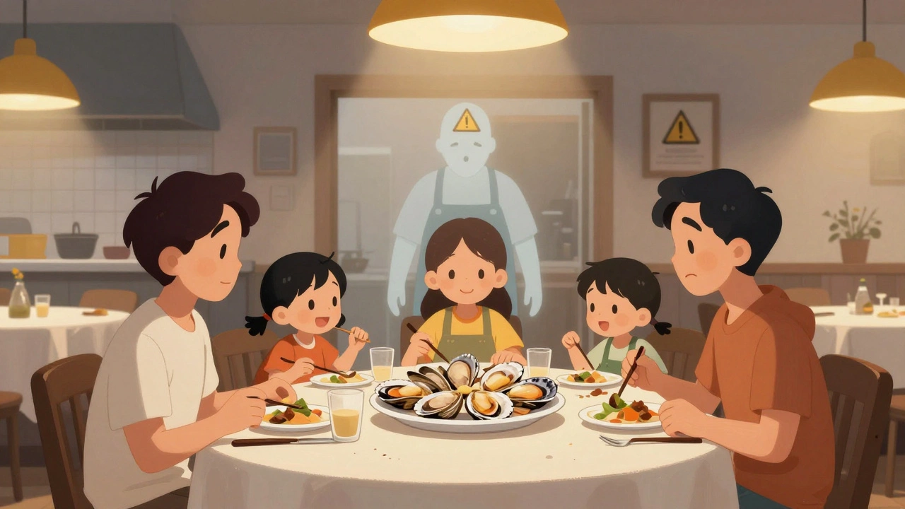 Family eating shellfish at restaurant, unaware of hidden contamination from kitchen worker.