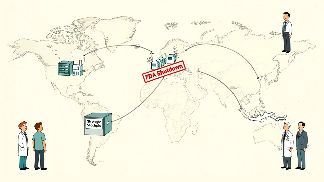 Global supply chain map showing broken link from India factory to U.S. hospitals, empty stockpile.