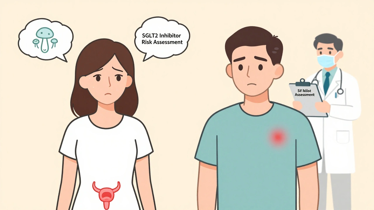 Man and woman with genital infection icons, consulting a doctor about SGLT2 inhibitor risks in a light, educational cartoon style.