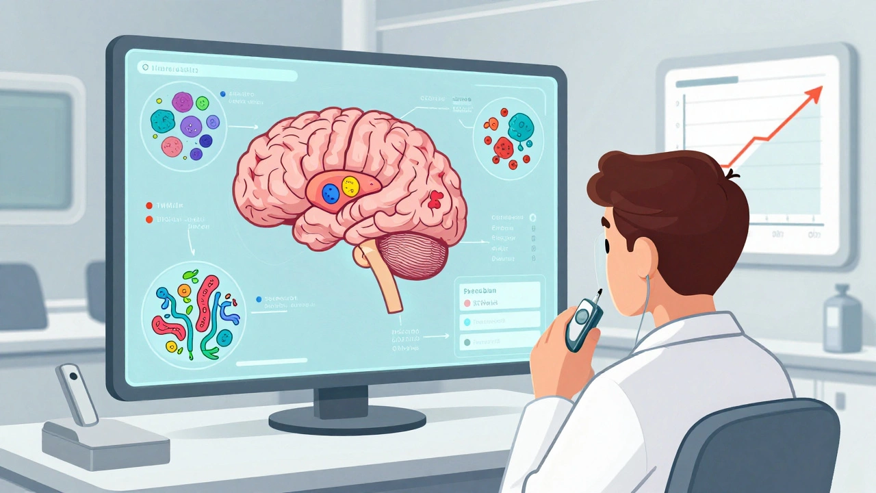 Medical technician analyzing personalized gut-brain map with tVNS device nearby.