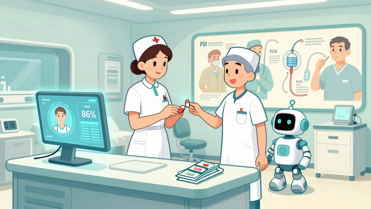 Modern hospital room with AI screen, nurse giving pill, robot delivering gum, and mural showing medical progress.