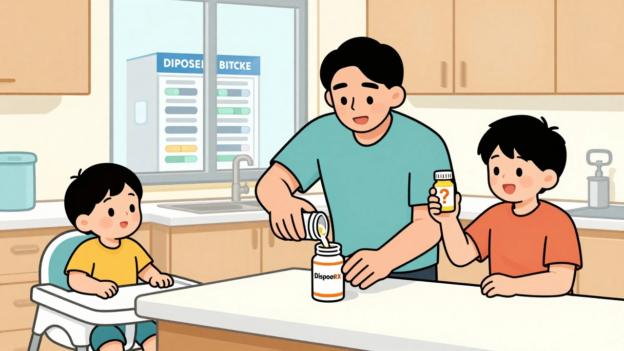 Parent using DisposeRX powder to safely dispose of expired pills at the kitchen counter, family nearby.