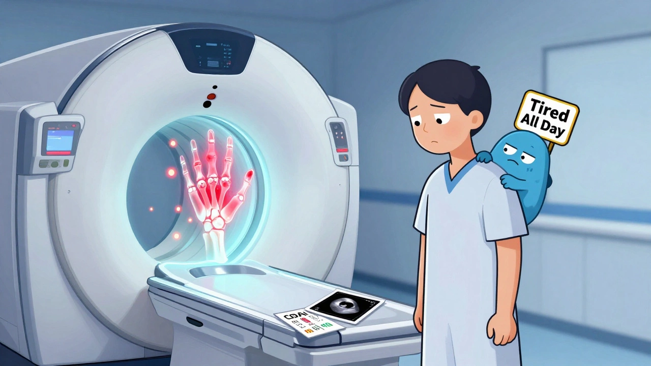 Patient beside MRI hologram showing bone edema, with fatigue monster symbolizing unmeasured symptoms