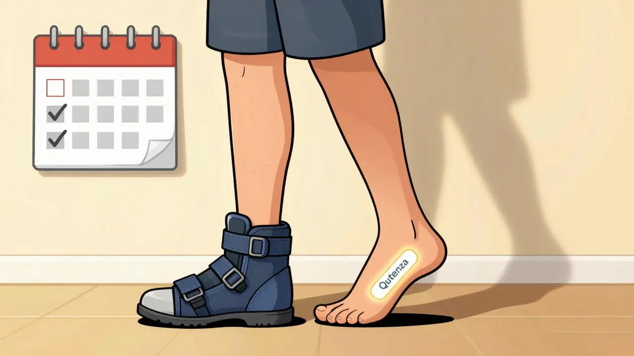 Patient stepping into diabetic shoes as a faded amputation shadow recedes, daily checkmarks on wall.