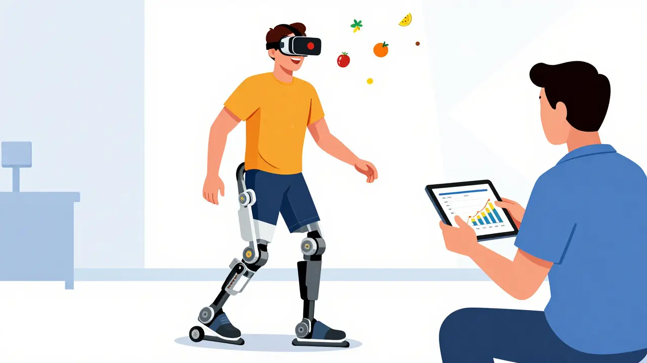Patient walks with robotic exoskeleton while playing a virtual reality therapy game.