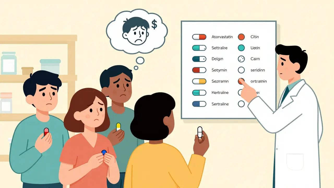 Patients confused by different pill shapes, pharmacist showing them a visual chart of medication options.
