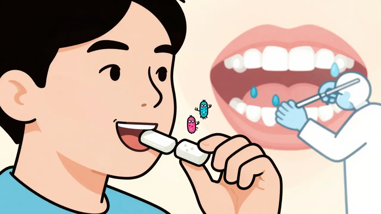 Person chewing xylitol gum with beneficial bacteria reducing fungal patches in mouth.
