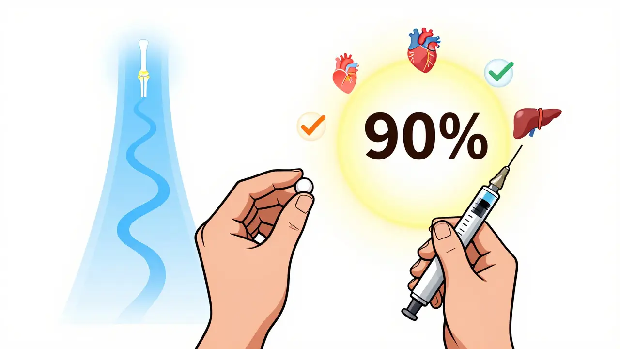 Person holding pill and injection pen, with glowing pathways leading to clear skin and health icons.