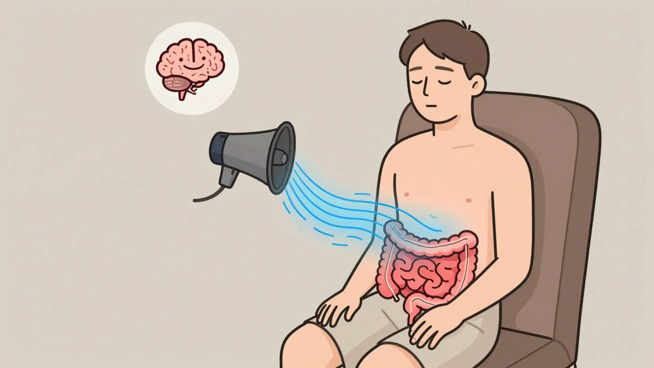 Person in relaxation with calming waves flowing from speaker to gut, reducing intestinal spasms.