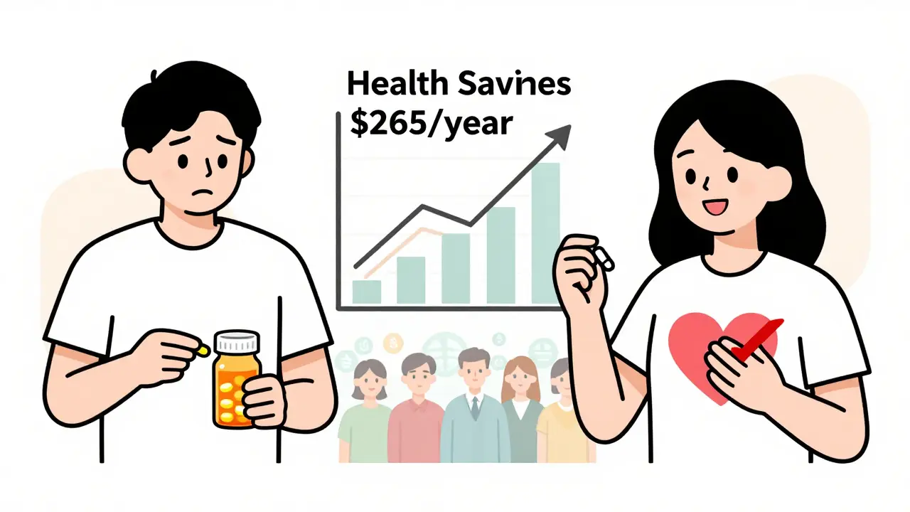 Person skipping doses due to cost vs. taking affordable generic pill with health savings graph in background.