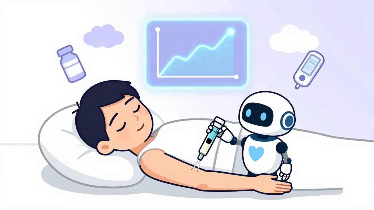 Person sleeping as a robot administers a once-weekly insulin injection with stable glucose graph above.