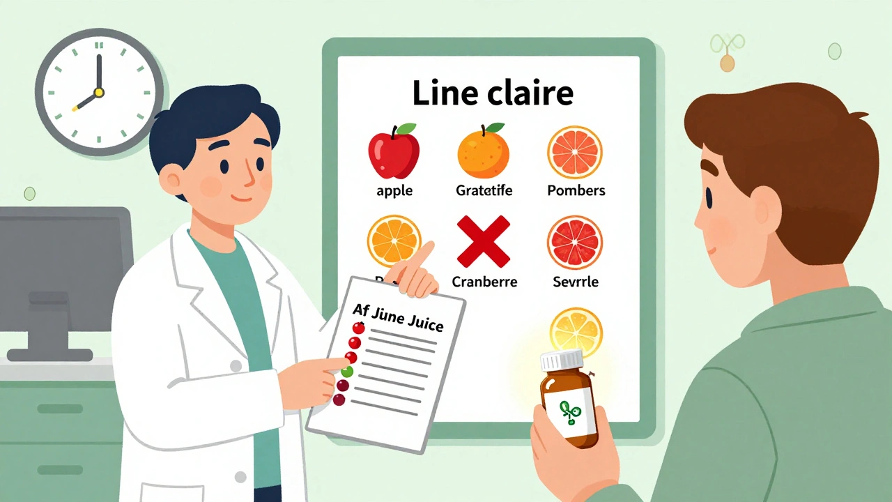 Pharmacist advising patient to avoid grapefruit, showing safe juice alternatives on a warning chart.