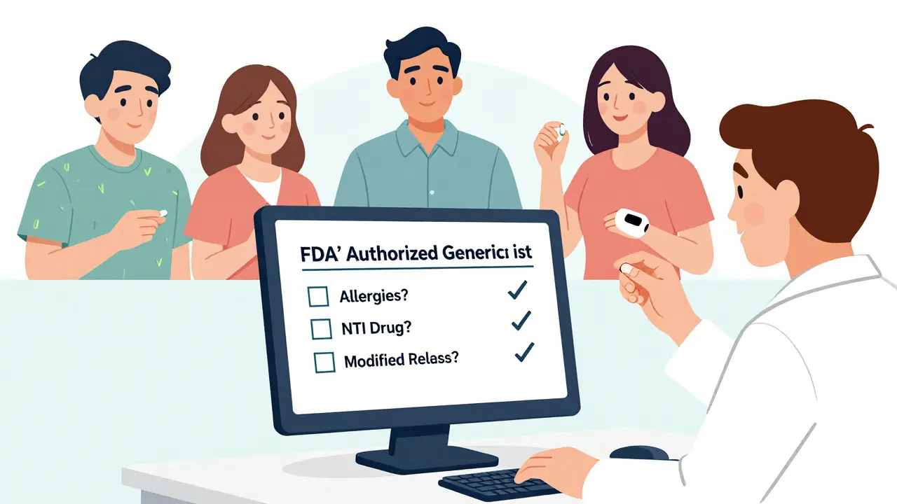 Pharmacist reviewing FDA list of authorized generics while three patient types receive safe medication.