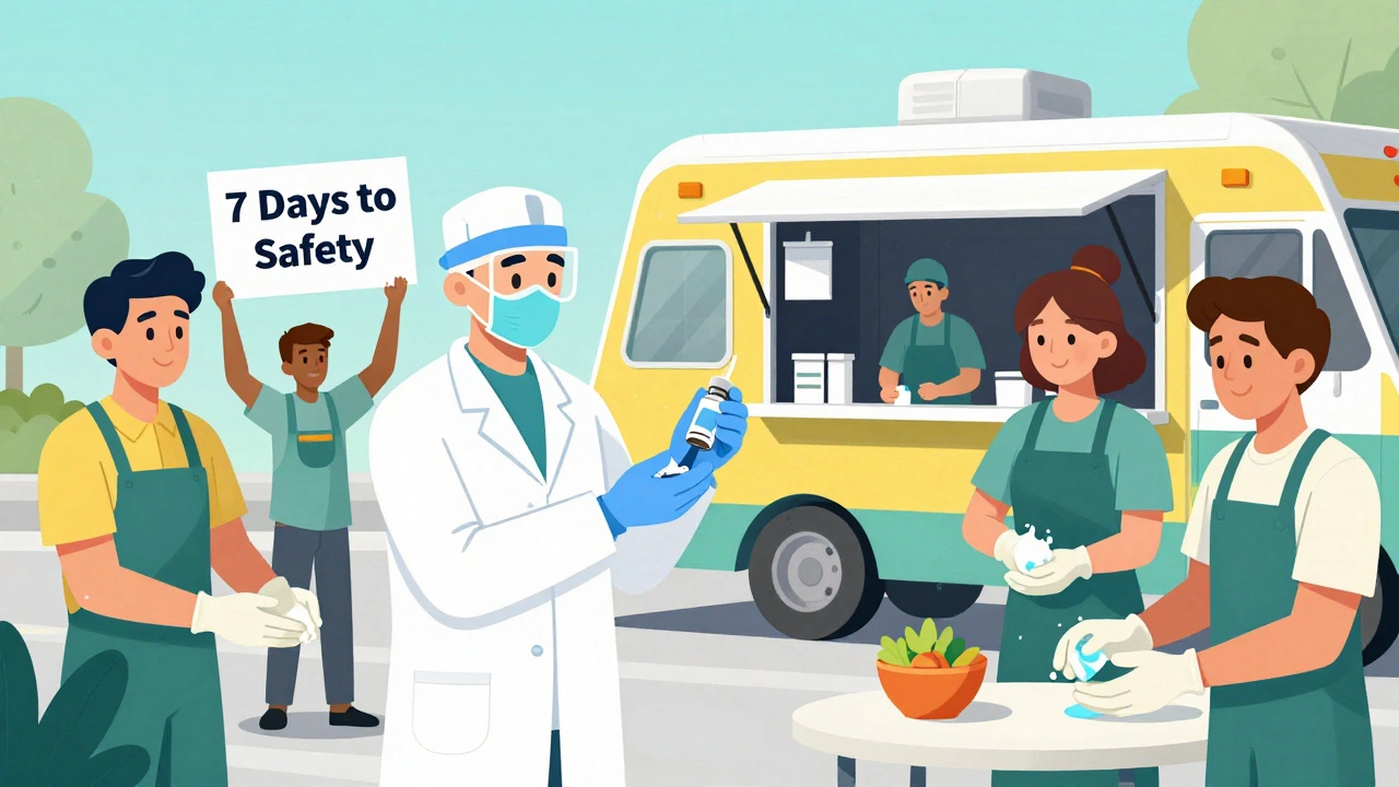 Public health officer vaccinating food workers at a food truck, promoting safety and hygiene.