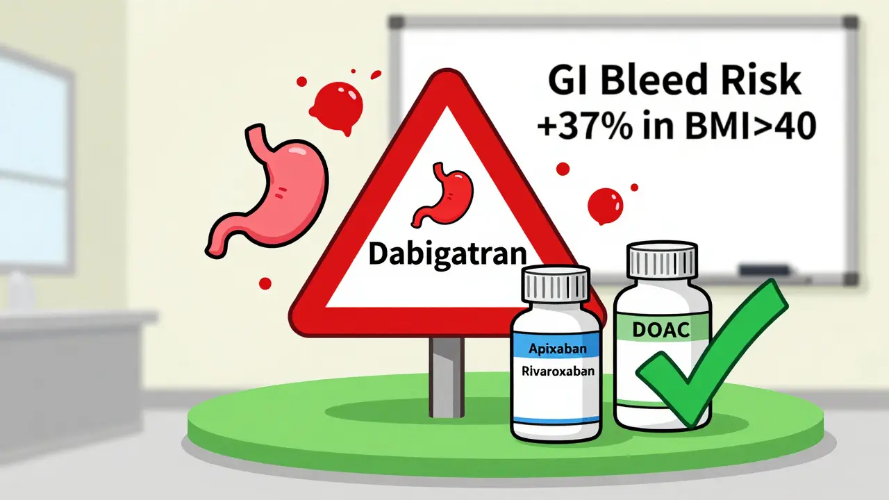 Red warning sign for dabigatran with stomach bleeding icons in obese patients.